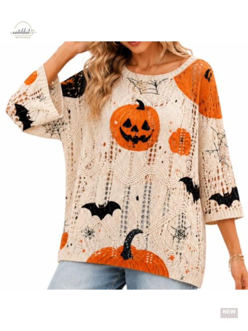 Oversized Pumpkin Print Long Sleeve Knit Sweater Halloween Fall Pullover